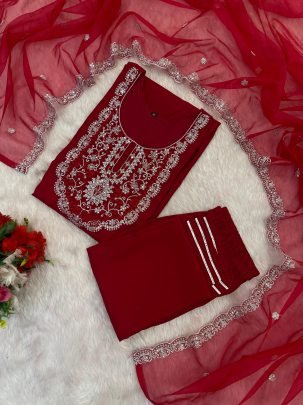 Royal Maroon Roman Silk Embroidered Kurti Set