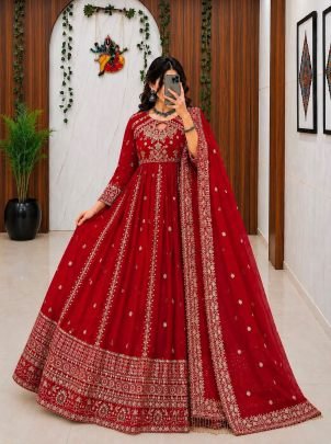 Red Faux Georgette Embroidered Anarkali Gown