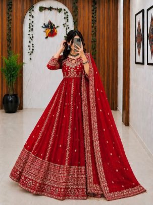 Red Faux Georgette Embroidered Anarkali Gown