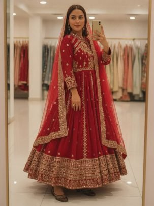 Red Faux Georgette Embroidered Anarkali Gown