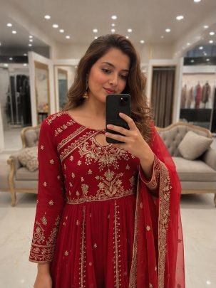 Red Faux Georgette Embroidered Anarkali Gown