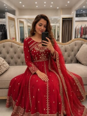 Red Faux Georgette Embroidered Anarkali Gown