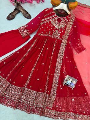 Red Faux Georgette Embroidered Anarkali Gown