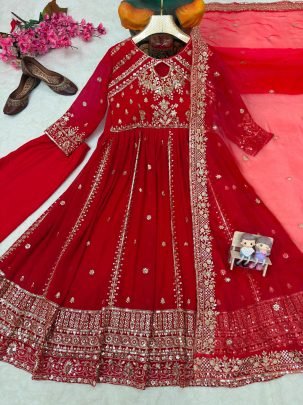 Red Faux Georgette Embroidered Anarkali Gown