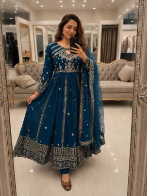 Royal Noor Rama Blue Designer Anarkali Gown Pant