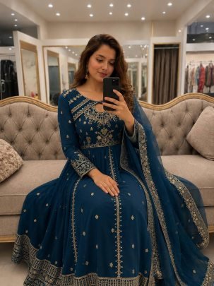 Royal Noor Rama Blue Designer Anarkali Gown Pant