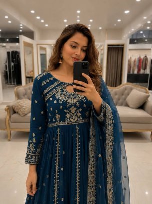 Royal Noor Rama Blue Designer Anarkali Gown Pant