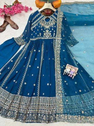 Royal Noor Rama Blue Designer Anarkali Gown Pant