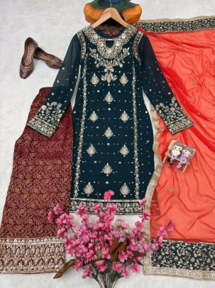 Royal Peacock Blue Zari Kurti Palazzo Set With Dupatta