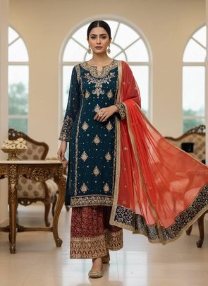 Royal Peacock Blue Zari Kurti Palazzo Set With Dupatta