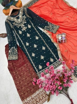 Royal Peacock Blue Zari Kurti Palazzo Set With Dupatta