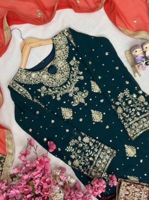 Royal Peacock Blue Zari Kurti Palazzo Set With Dupatta