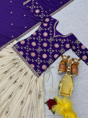 Royal Purple Chinon Tissue Silk Lehenga Set