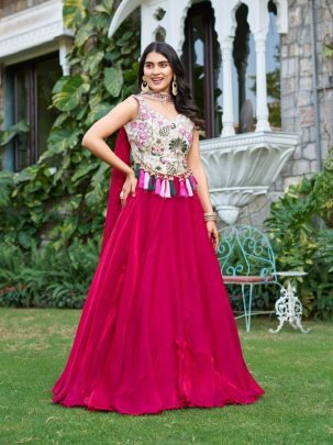 Royal Rani Pink Simar Tissue Silk Choli With Fendy Silk Embroidered Lehenga And Dupatta