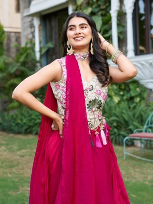 Royal Rani Pink Simar Tissue Silk Choli With Fendy Silk Embroidered Lehenga And Dupatta