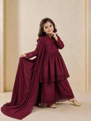 Royal Ruby Kids Roman Silk Embroidered Gown Palazzo Set