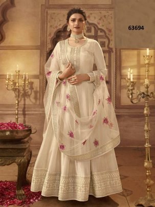 Royal White Dola Silk Semi Stitched Dress Material With Jari Dori And Sequins Work