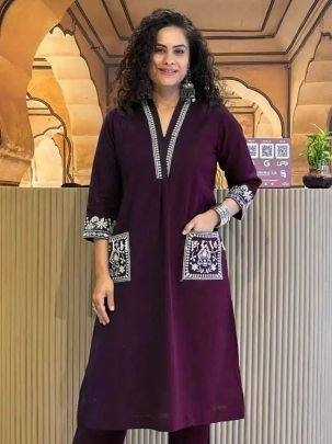 Royal Wine Bliss Cotton Kurti Pant Set