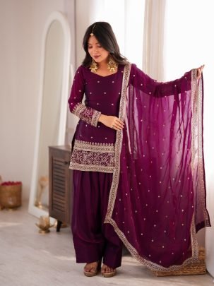 Royal Wine Fendy Silk Farshi Salwar Suit with Glass Roman Silk Dupatta