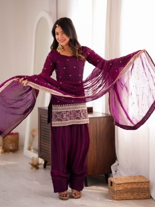 Royal Wine Fendy Silk Farshi Salwar Suit with Glass Roman Silk Dupatta