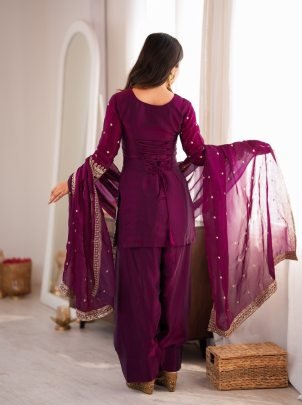 Royal Wine Fendy Silk Farshi Salwar Suit with Glass Roman Silk Dupatta