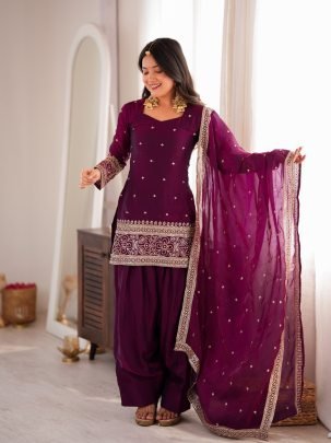 Royal Wine Fendy Silk Farshi Salwar Suit with Glass Roman Silk Dupatta