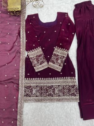 Royal Wine Fendy Silk Farshi Salwar Suit with Glass Roman Silk Dupatta