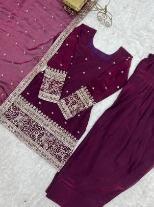 Royal Wine Fendy Silk Farshi Salwar Suit with Glass Roman Silk Dupatta