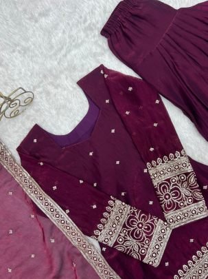 Royal Wine Fendy Silk Farshi Salwar Suit with Glass Roman Silk Dupatta