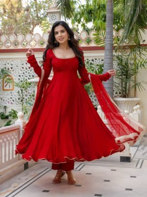 Ruby Red Faux Georgette  Anarkali Suit Set with Pant and Dupatta