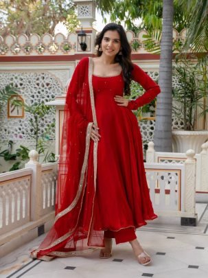 Ruby Red Faux Georgette  Anarkali Suit Set with Pant and Dupatta