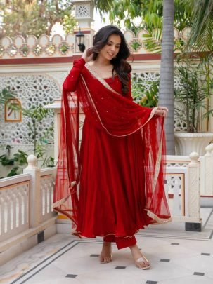 Ruby Red Faux Georgette  Anarkali Suit Set with Pant and Dupatta
