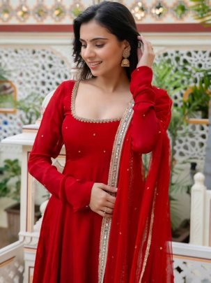 Ruby Red Faux Georgette  Anarkali Suit Set with Pant and Dupatta