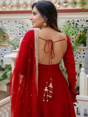 Ruby Red Faux Georgette  Anarkali Suit Set with Pant and Dupatta