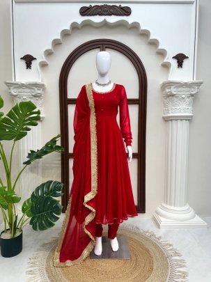 Ruby Red Faux Georgette  Anarkali Suit Set with Pant and Dupatta