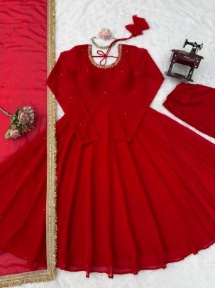 Ruby Red Faux Georgette  Anarkali Suit Set with Pant and Dupatta