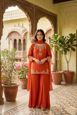 Rust Designer Kurti Palazzo Set