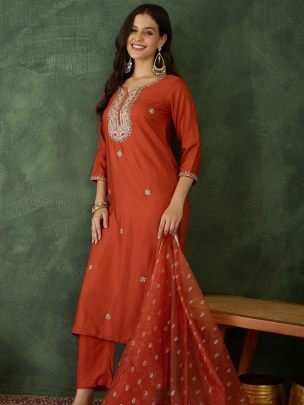 Rust Orange Colour Embroidered Beats  Work Ready Made Suit