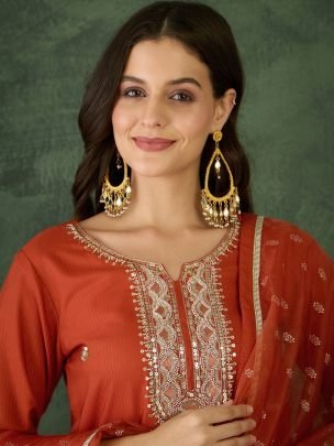 Rust Orange Colour Embroidered Beats  Work Ready Made Suit