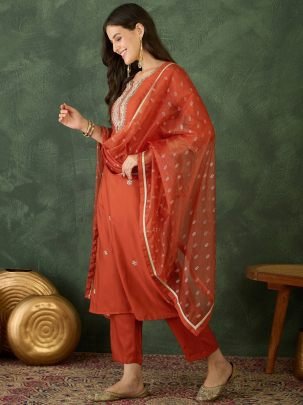 Rust Orange Colour Embroidered Beats  Work Ready Made Suit