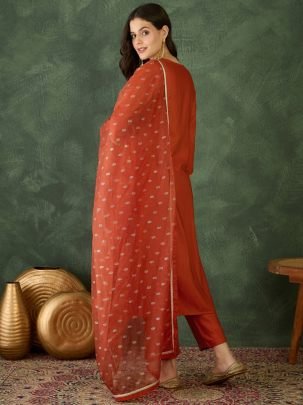 Rust Orange Colour Embroidered Beats  Work Ready Made Suit