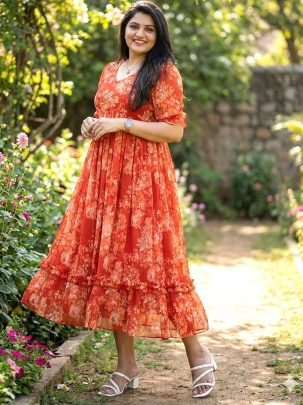 Rust Orange  Colour  Full  Flair  Maxi Dress