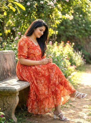 Rust Orange  Colour  Full  Flair  Maxi Dress