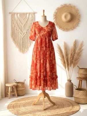 Rust Orange  Colour  Full  Flair  Maxi Dress