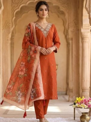 Rust Orange Colour  Sequence Work Kurti Pant Set