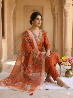 Rust Orange Colour  Sequence Work Kurti Pant Set