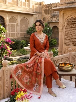 Rust Orange Colour  Sequence Work Kurti Pant Set