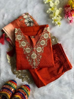 Rust Orange Colour  Sequence Work Kurti Pant Set