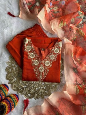 Rust Orange Colour  Sequence Work Kurti Pant Set