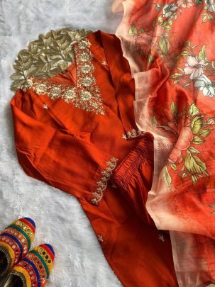 Rust Orange Colour  Sequence Work Kurti Pant Set